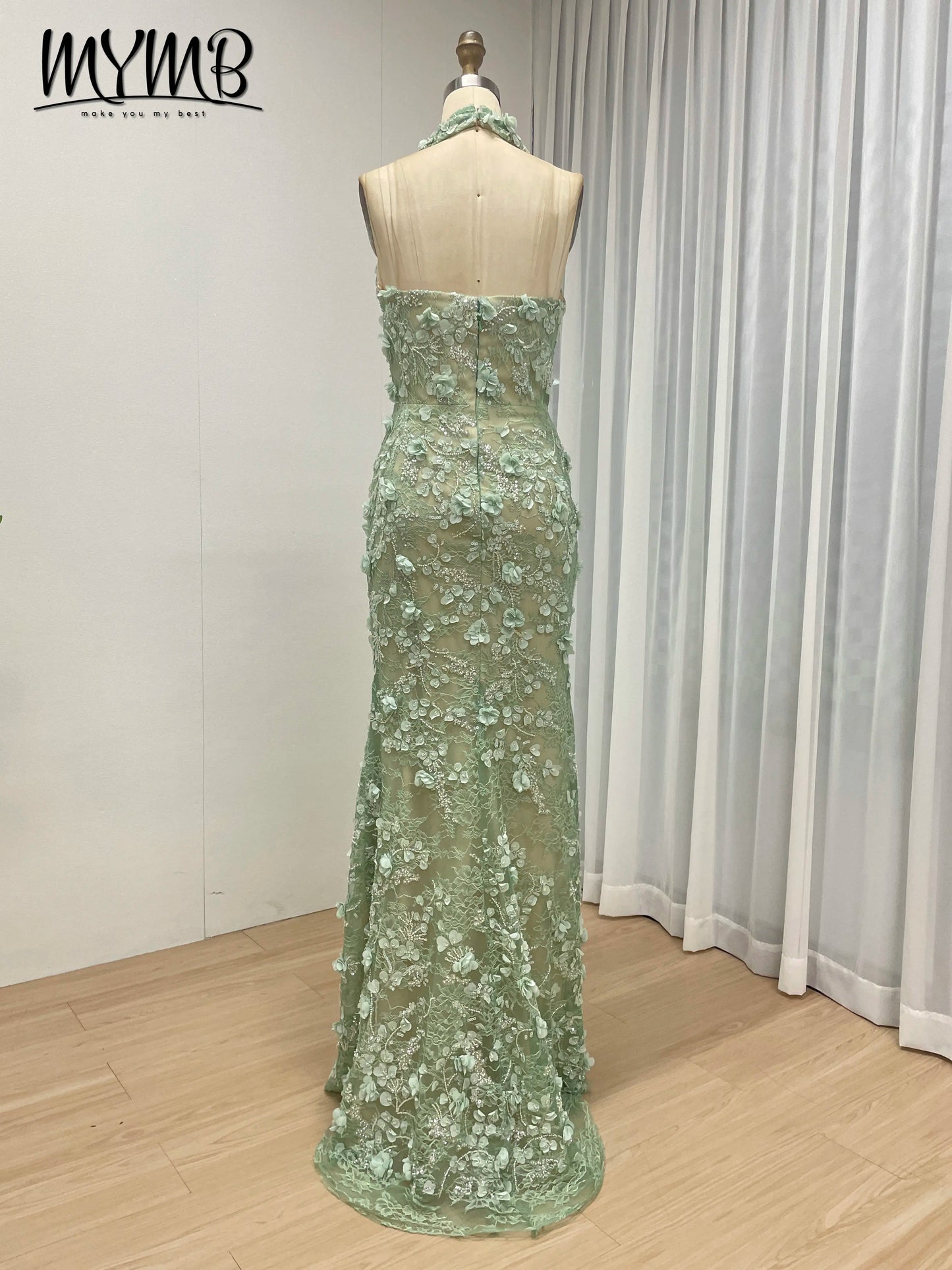 Halter Neck 3D Floral Lace Mermaid Gown