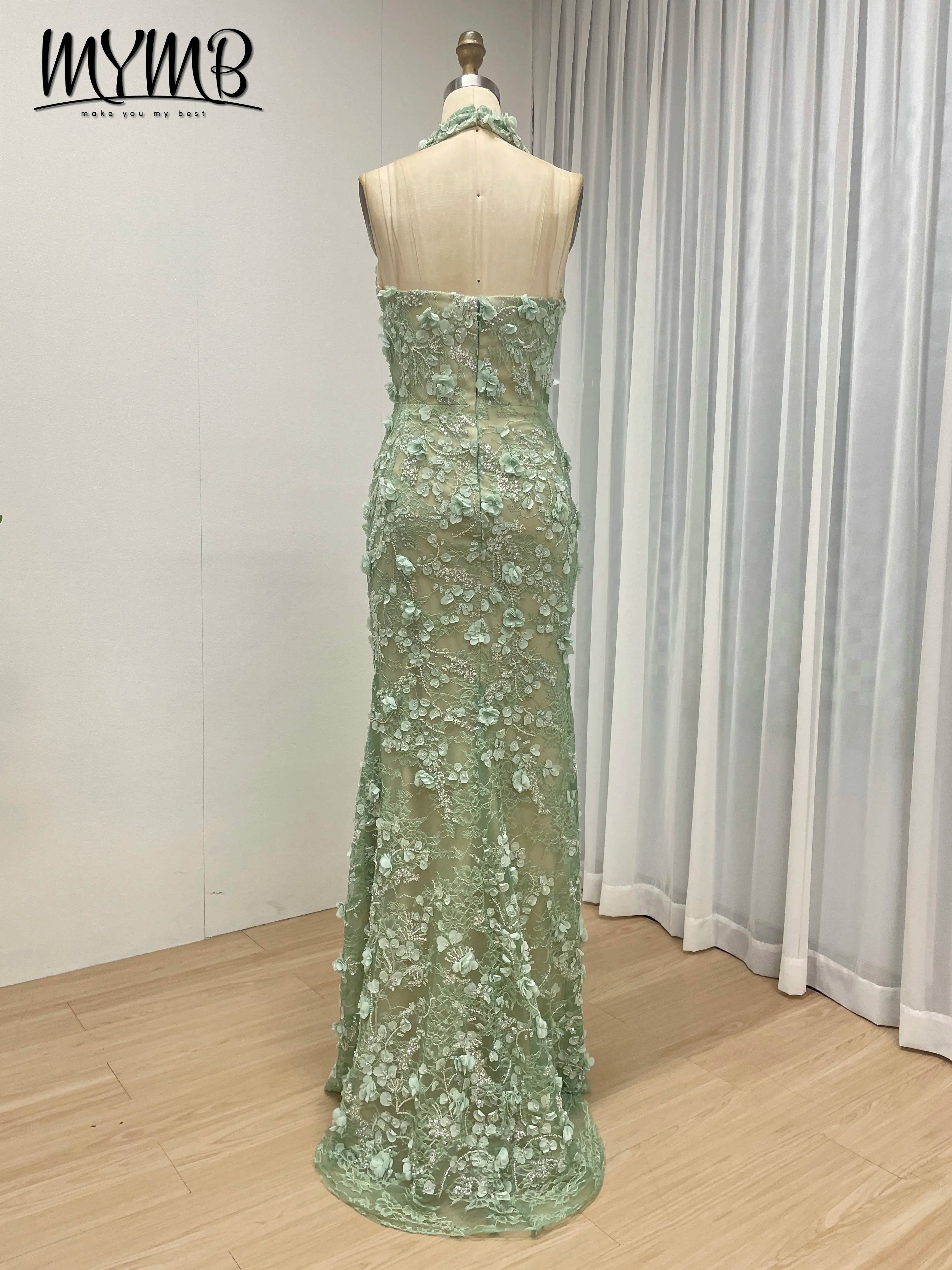 Halter Neck 3D Floral Lace Mermaid Gown