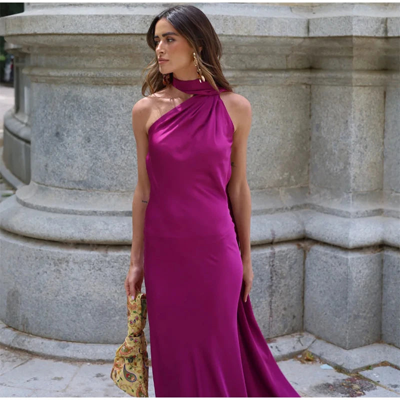 Satin Halter Backless Maxi Dress