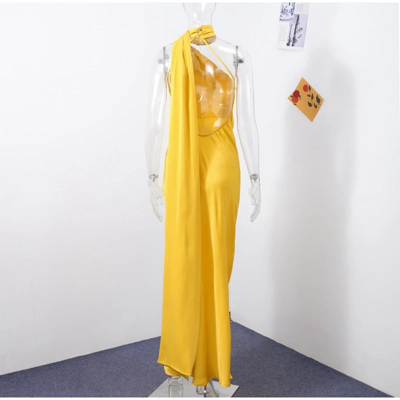 Satin Halter Backless Maxi Dress