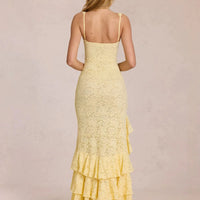 Summer Sexy Yellow Lace Dress High Waist Slim Fit Ruffle Edge Square Collar Backless Strap Women's Long Dresses 2026 New ﻿