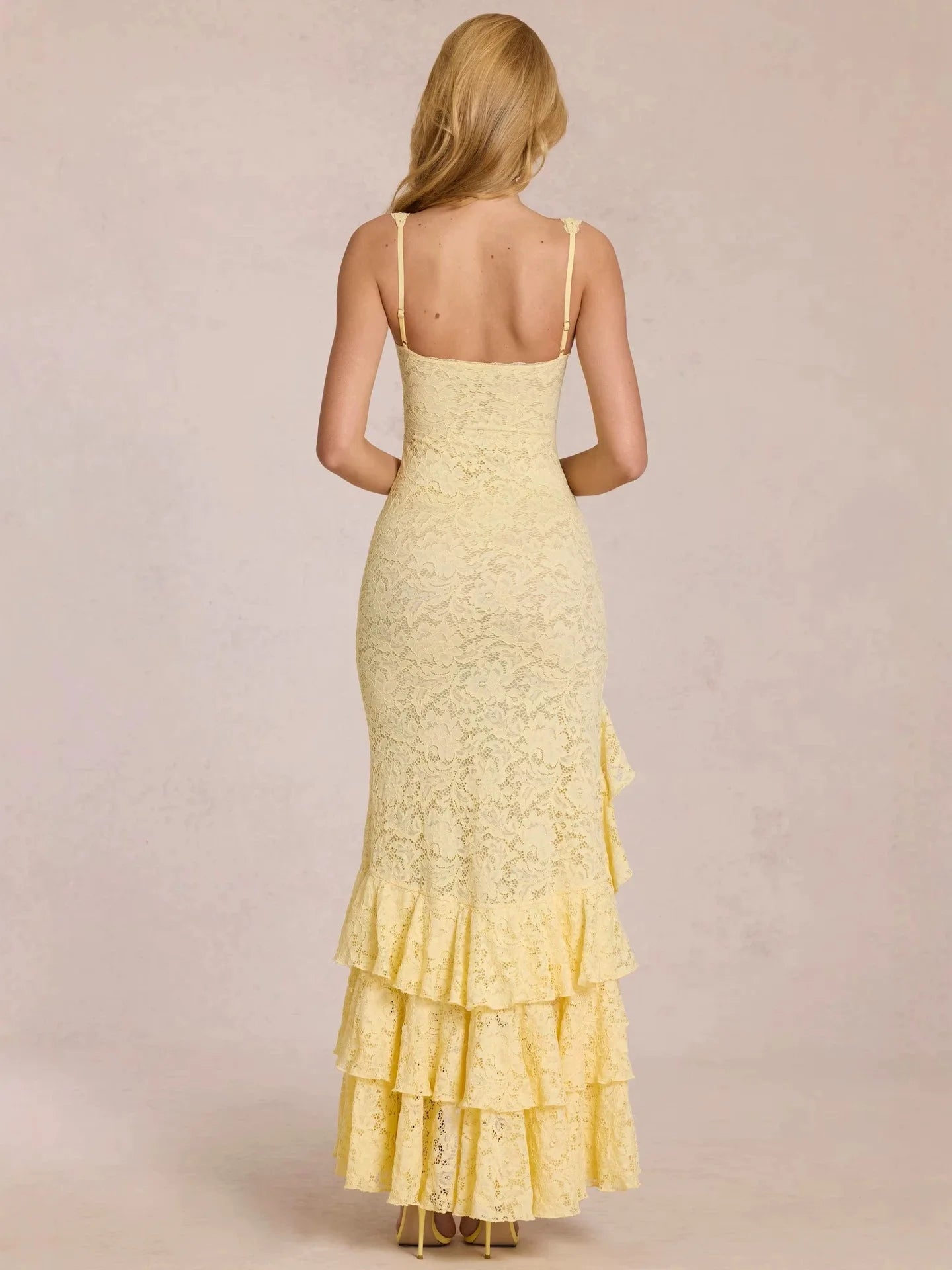 Summer Sexy Yellow Lace Dress High Waist Slim Fit Ruffle Edge Square Collar Backless Strap Women's Long Dresses 2026 New ﻿