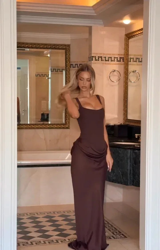 Solid Pleated Sling Dress Women Square Neck Sleeveless Off-shoulder Waist Cinching Slim Dresses Lady Summer Evening Party Gowns