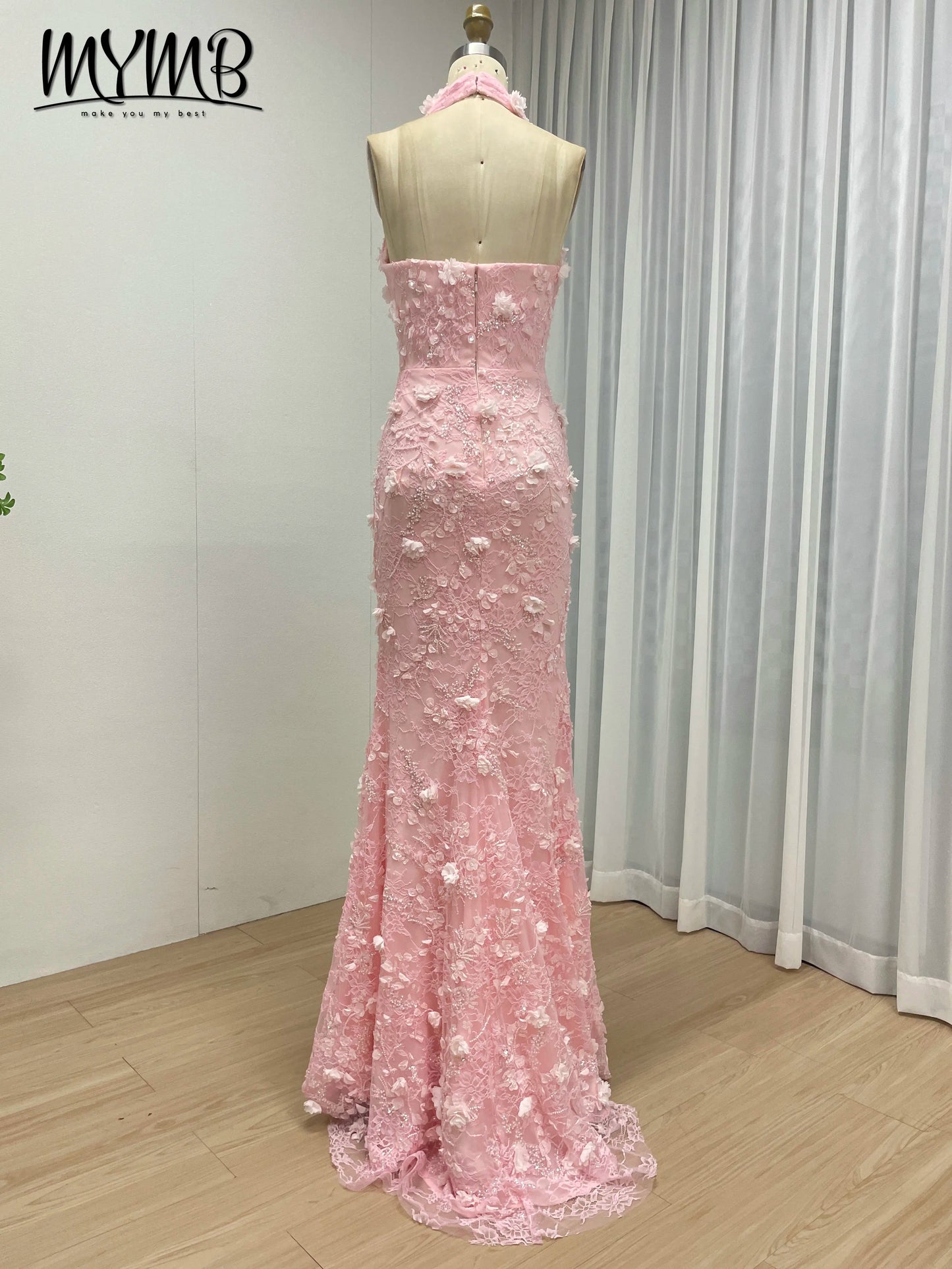 Halter Neck 3D Floral Lace Mermaid Gown