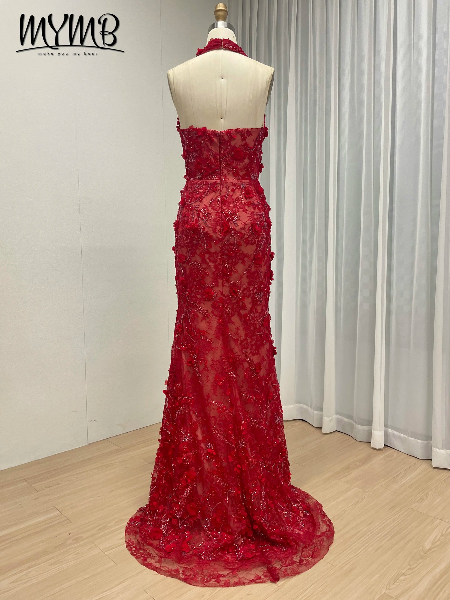 Halter Neck 3D Floral Lace Mermaid Gown