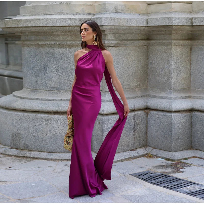 Satin Halter Backless Maxi Dress