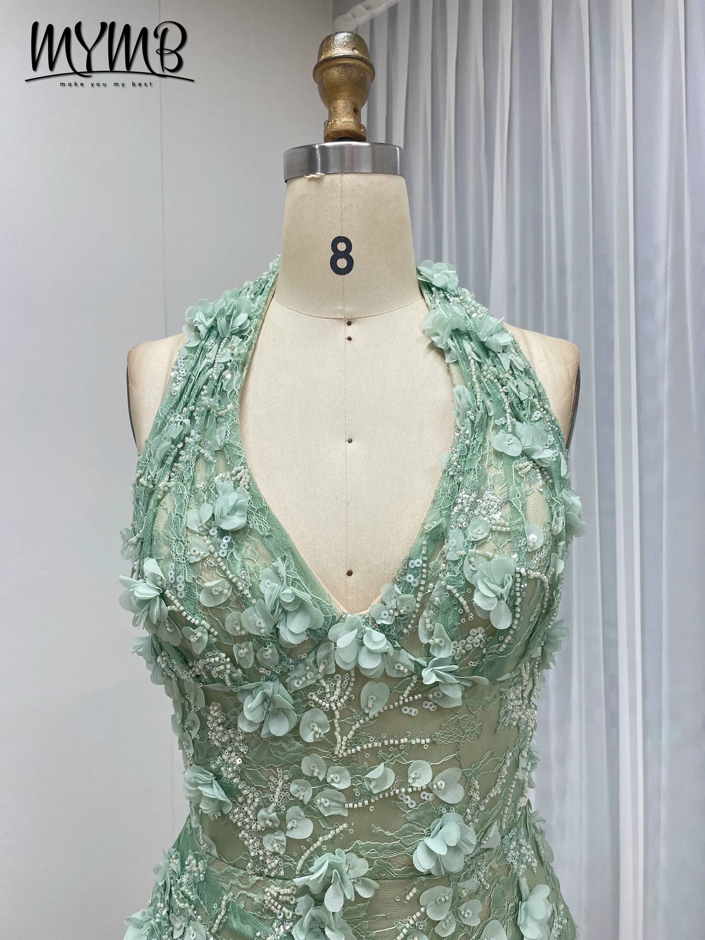 Halter Neck 3D Floral Lace Mermaid Gown
