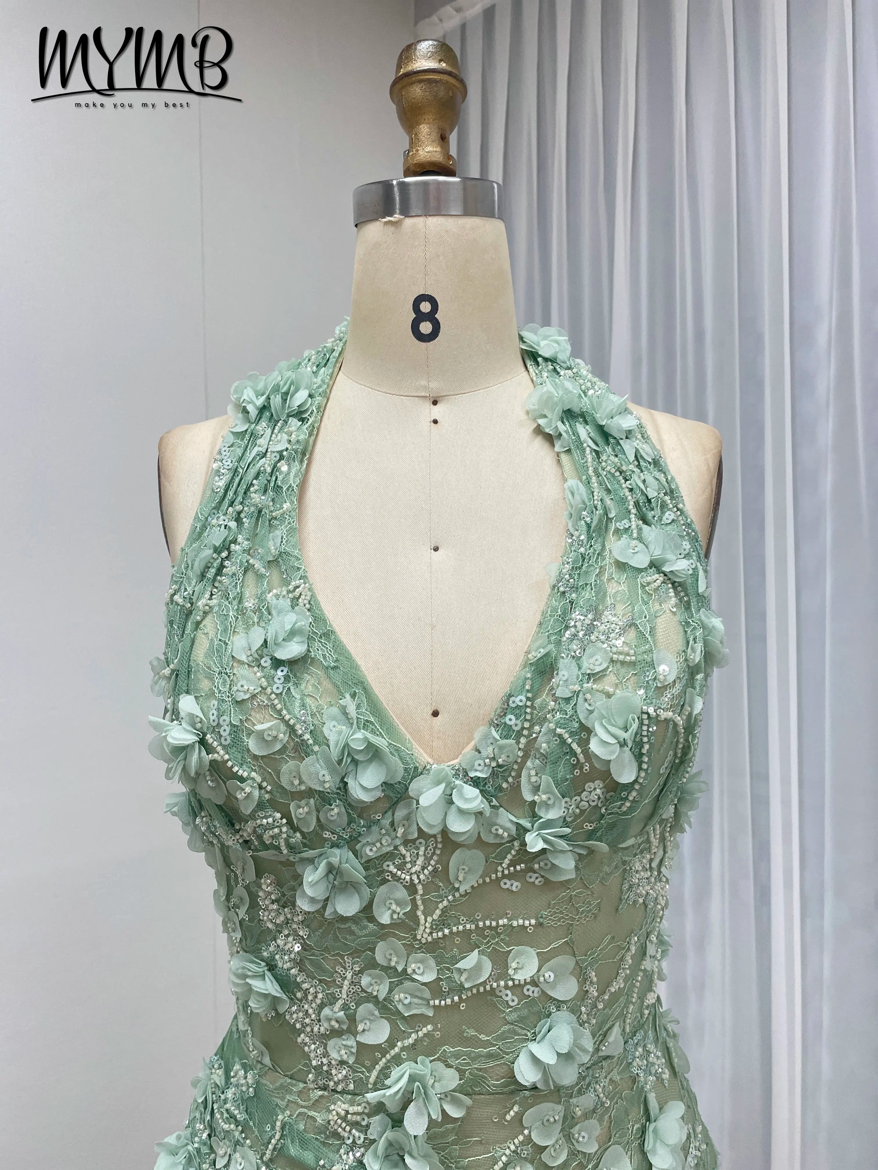 Halter Neck 3D Floral Lace Mermaid Gown