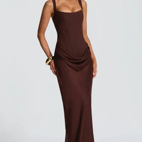 Solid Pleated Sling Dress Women Square Neck Sleeveless Off-shoulder Waist Cinching Slim Dresses Lady Summer Evening Party Gowns