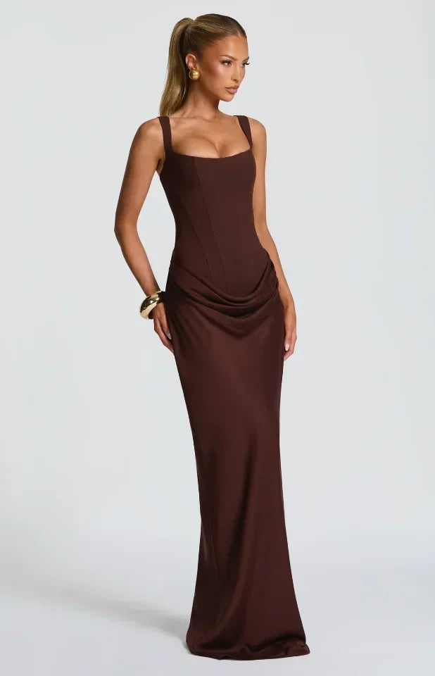 Solid Pleated Sling Dress Women Square Neck Sleeveless Off-shoulder Waist Cinching Slim Dresses Lady Summer Evening Party Gowns