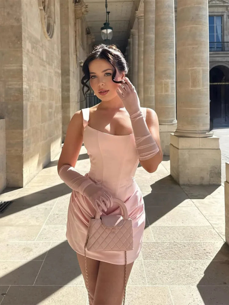 Solid Pleated Sling Dress Women Square Neck Sleeveless Off-shoulder Waist Cinching Slim Dresses Lady Summer Evening Party Gowns