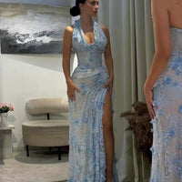 Halter Neck 3D Floral Lace Mermaid Gown
