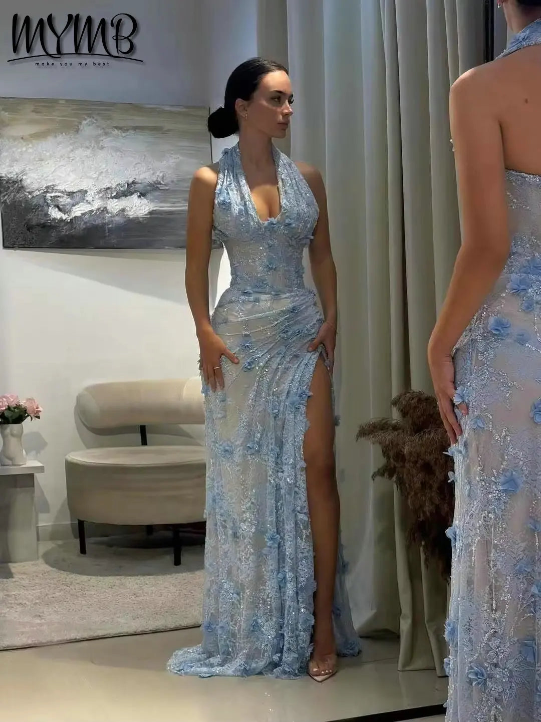 Halter Neck 3D Floral Lace Mermaid Gown