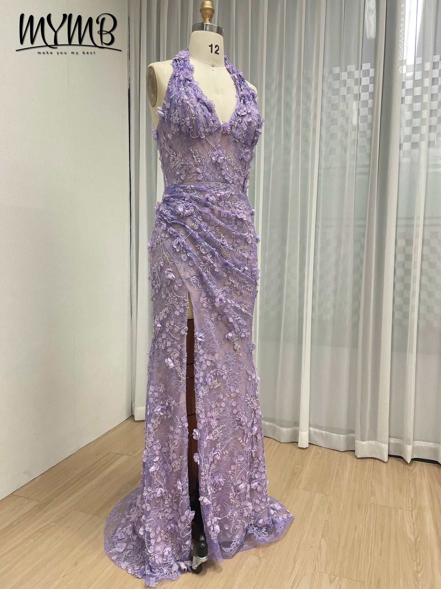 Halter Neck 3D Floral Lace Mermaid Gown