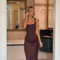 Solid Pleated Sling Dress Women Square Neck Sleeveless Off-shoulder Waist Cinching Slim Dresses Lady Summer Evening Party Gowns
