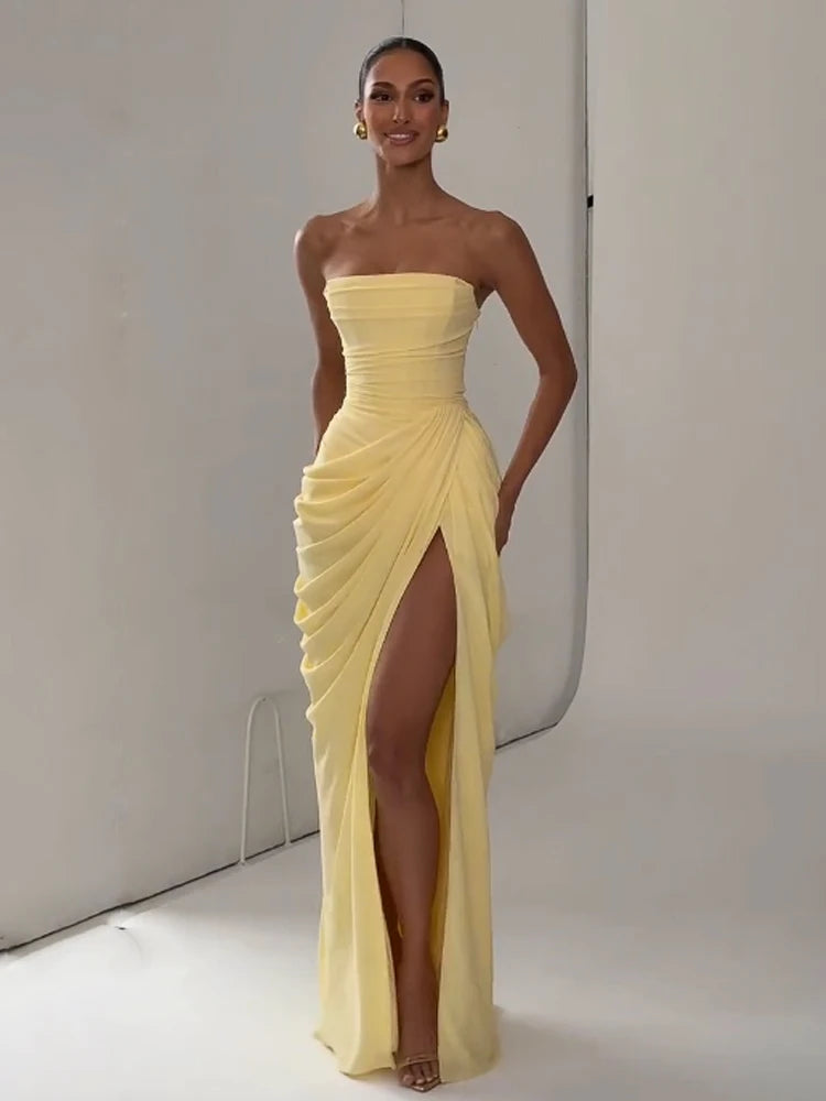 Off-Shoulder Pleated A-Line Maxi Dress
