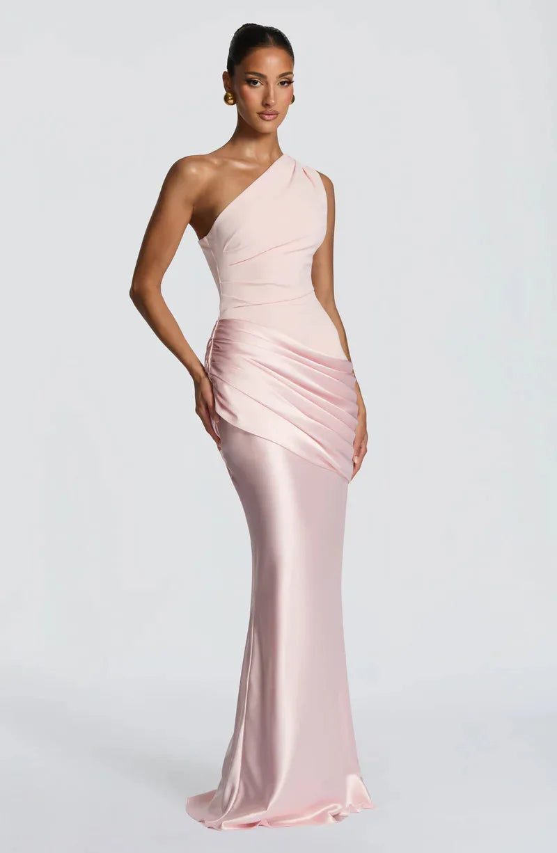 One-Shoulder V-Neck Sheath Maxi Dress