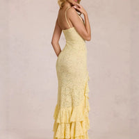 Summer Sexy Yellow Lace Dress High Waist Slim Fit Ruffle Edge Square Collar Backless Strap Women's Long Dresses 2026 New ﻿