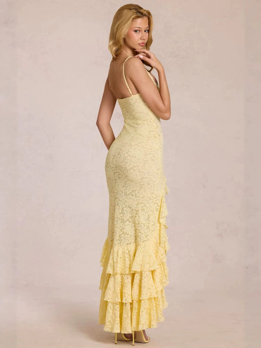 Square Neck Lace-Trim Backless Maxi Dress