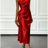 Ruched Satin One-Shoulder Maxi Dress