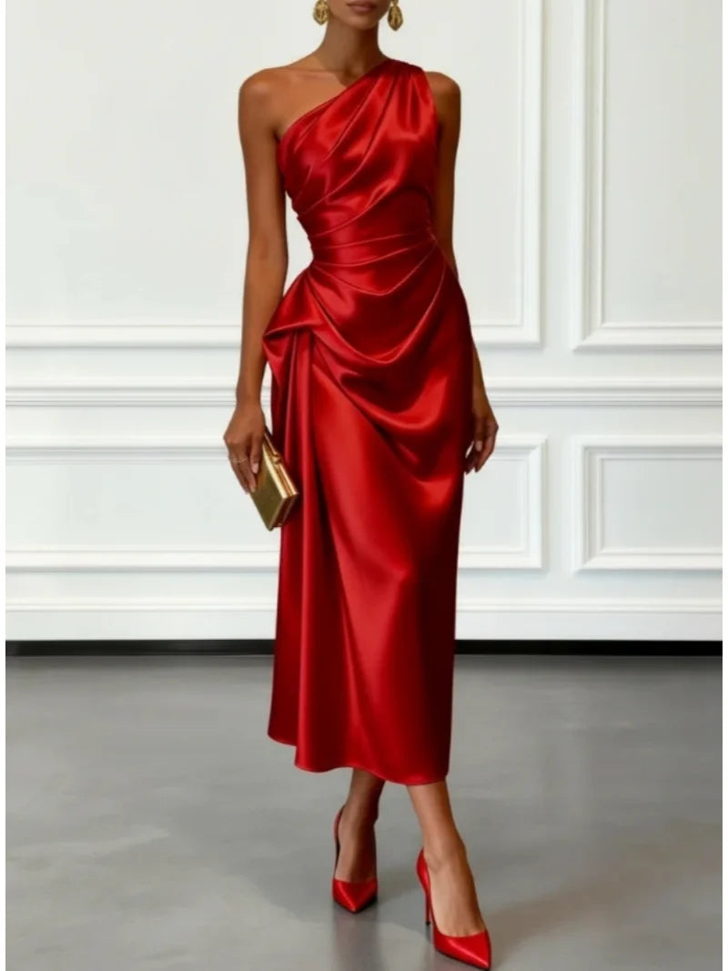 Ruched Satin One-Shoulder Maxi Dress