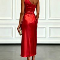 Ruched Satin One-Shoulder Maxi Dress