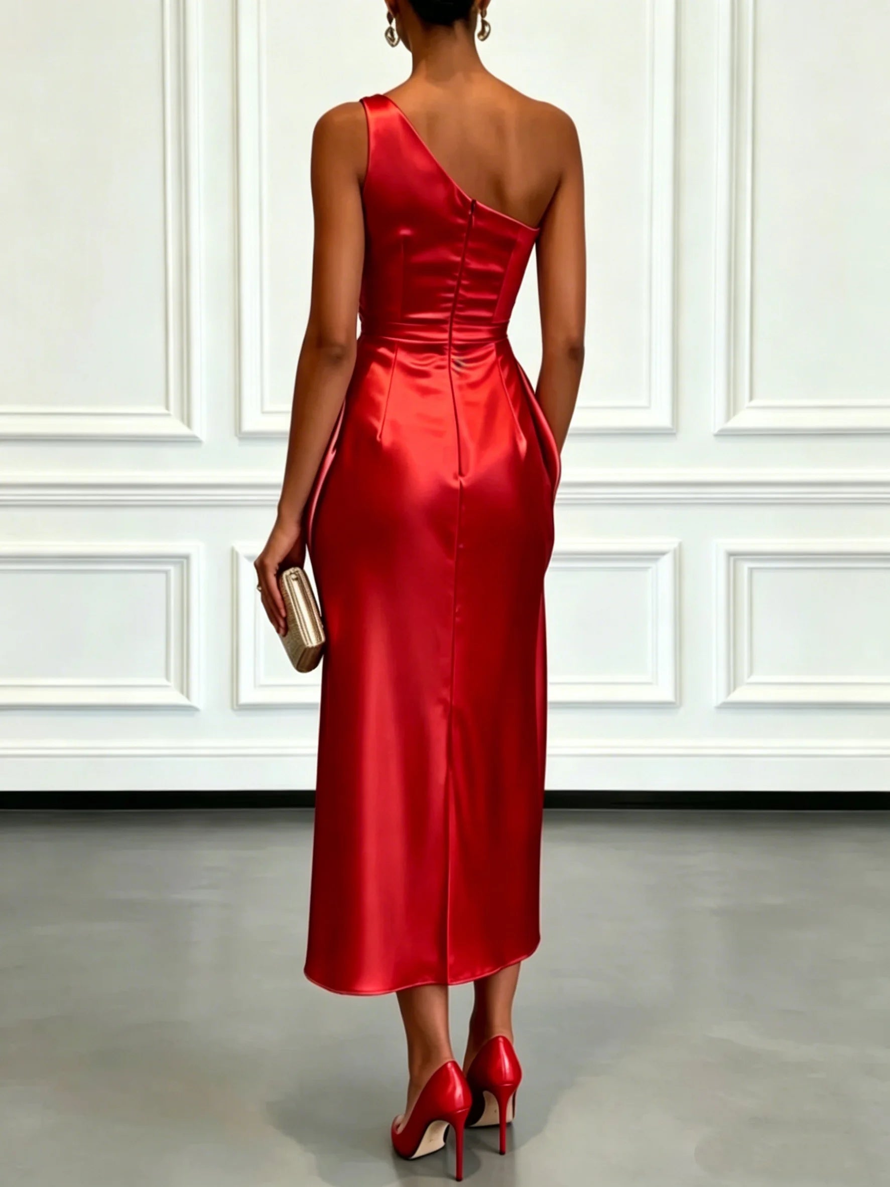 Ruched Satin One-Shoulder Maxi Dress