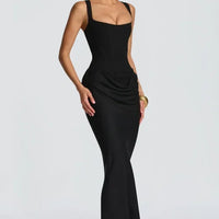 Solid Pleated Sling Dress Women Square Neck Sleeveless Off-shoulder Waist Cinching Slim Dresses Lady Summer Evening Party Gowns