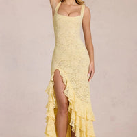 Summer Sexy Yellow Lace Dress High Waist Slim Fit Ruffle Edge Square Collar Backless Strap Women's Long Dresses 2026 New ﻿