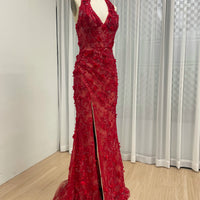 Halter Neck 3D Floral Lace Mermaid Gown