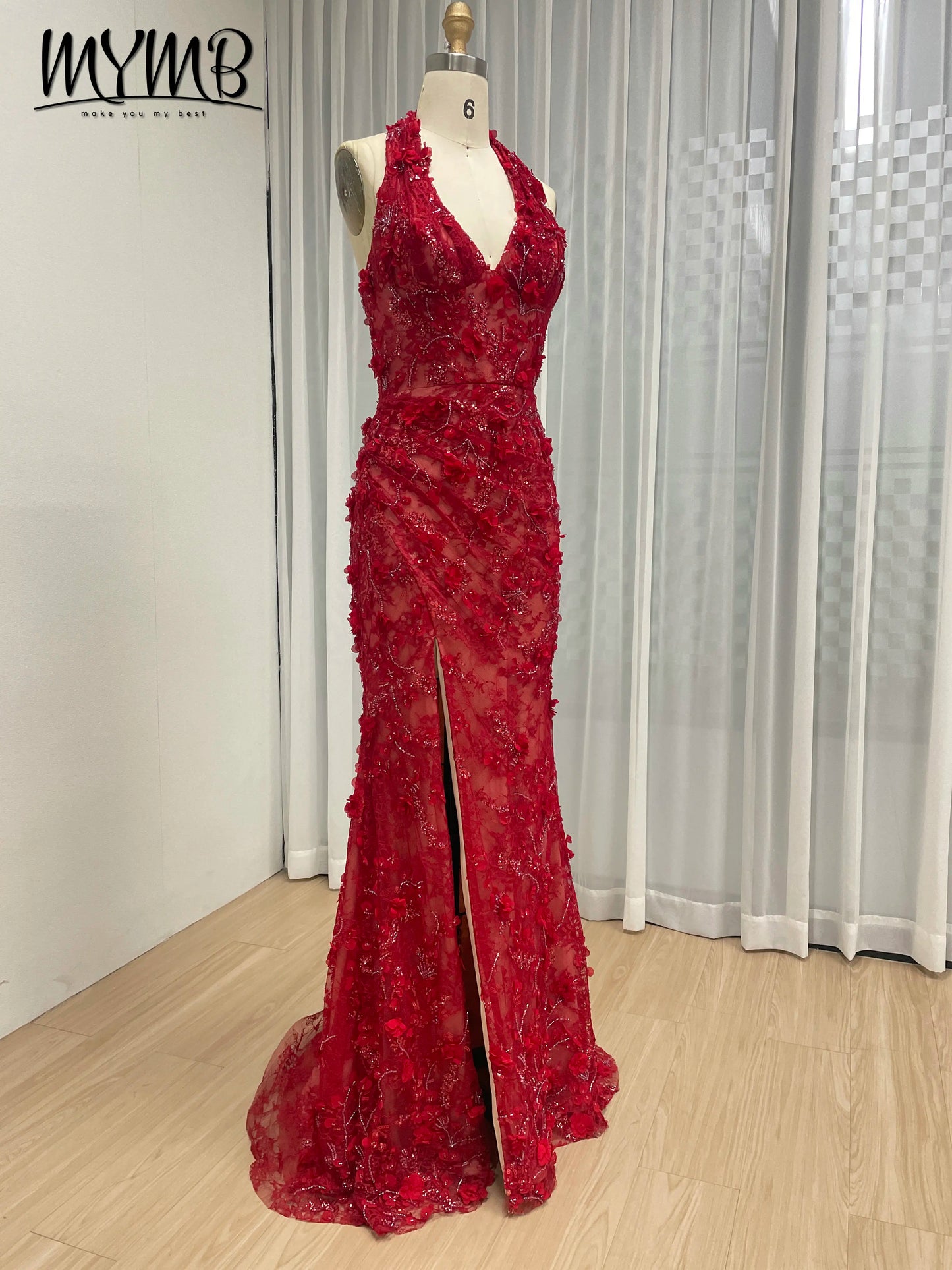 Halter Neck 3D Floral Lace Mermaid Gown