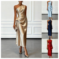 Ruched Satin One-Shoulder Maxi Dress