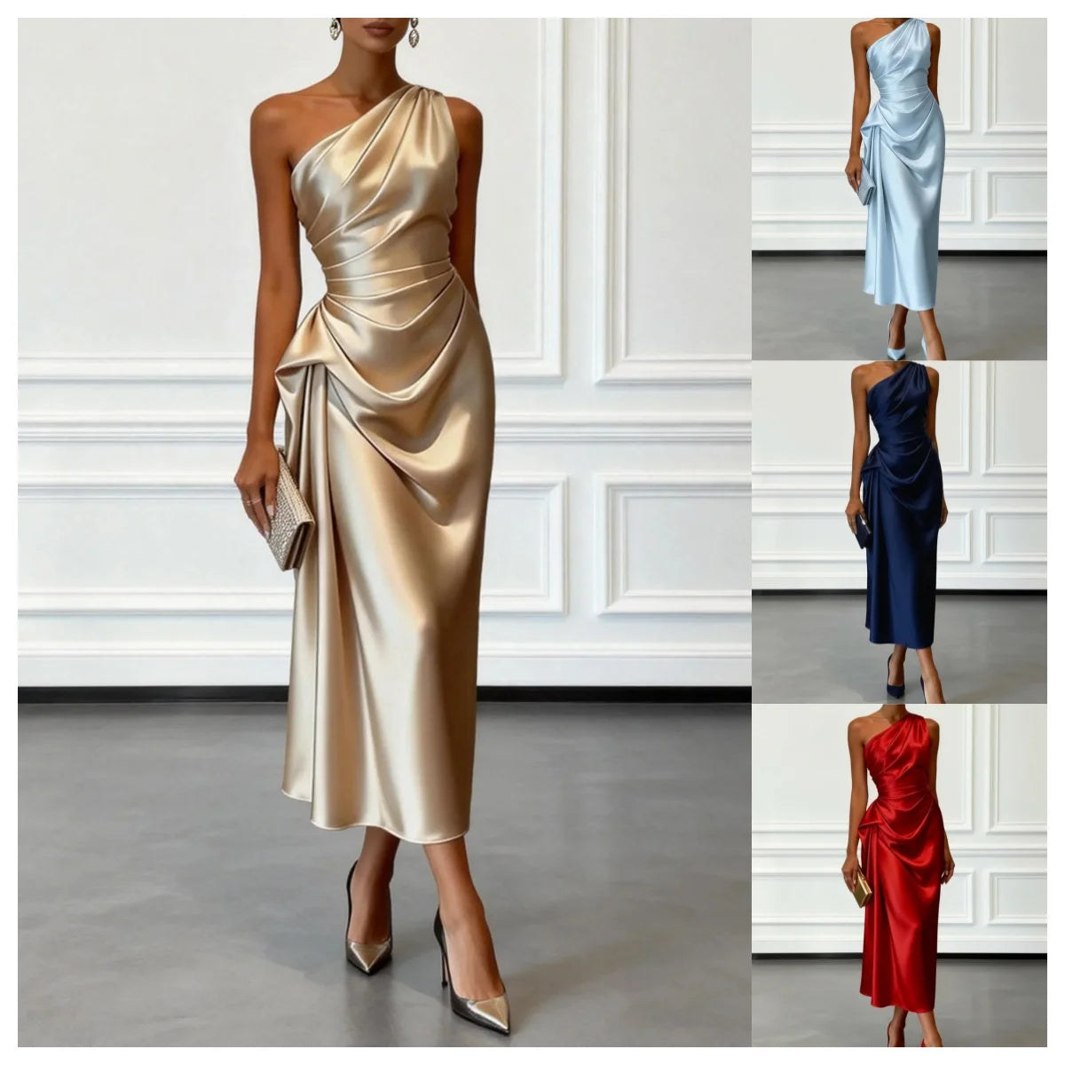Ruched Satin One-Shoulder Maxi Dress