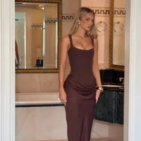 Solid Pleated Sling Dress Women Square Neck Sleeveless Off-shoulder Waist Cinching Slim Dresses Lady Summer Evening Party Gowns