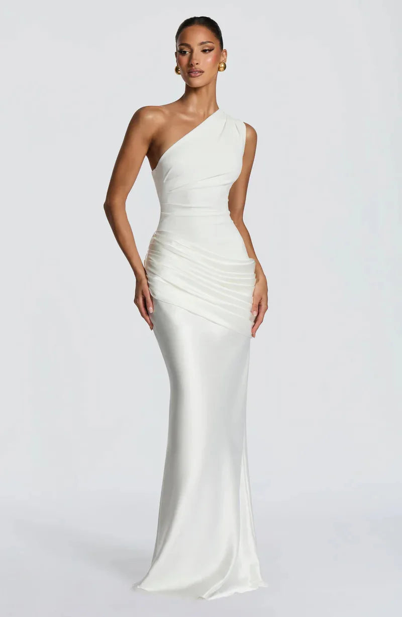 One-Shoulder V-Neck Sheath Maxi Dress