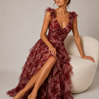 European American Fashion Floral Print U-neck Flying Sleeves High Waist Ruffles Long Dress