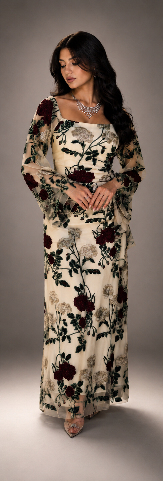 Mesh Floral Embroidered Long-sleeved Dress
