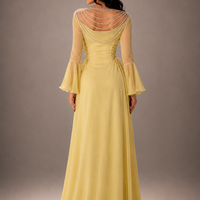Yellow Pleated Belted Ruffled Sleeves Maxi Dress