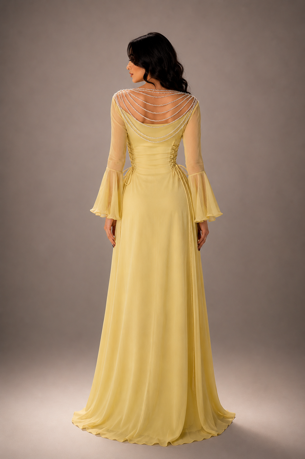 Yellow Pleated Belted Ruffled Sleeves Maxi Dress