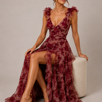European American Fashion Floral Print U-neck Flying Sleeves High Waist Ruffles Long Dress