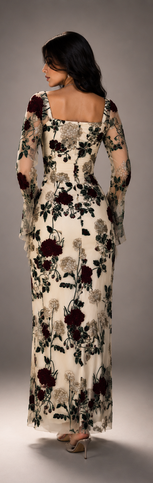 Mesh Floral Embroidered Long-sleeved Dress
