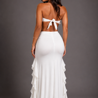 White Bandeau Top & Ruffled Slit Skirt Set