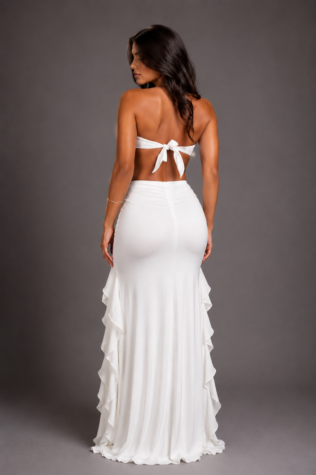 White Bandeau Top & Ruffled Slit Skirt Set