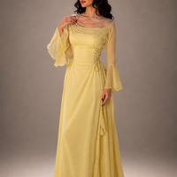 Yellow Pleated Belted Ruffled Sleeves Maxi Dress