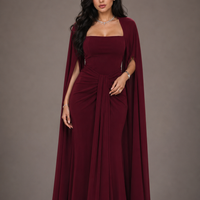 Elegant Burgundy Square - Neck Cape  Maxi Dress