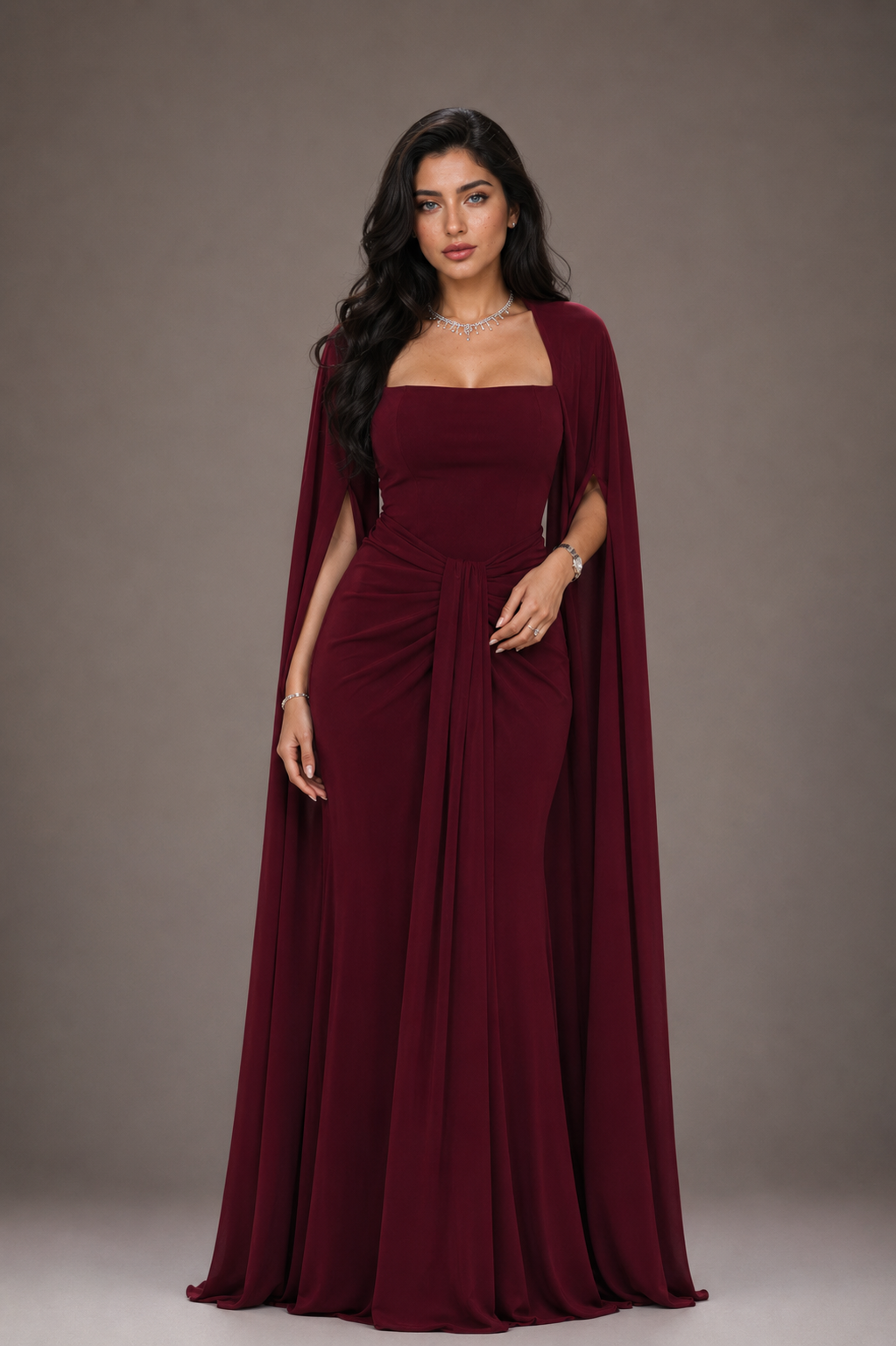 Elegant Burgundy Square - Neck Cape  Maxi Dress