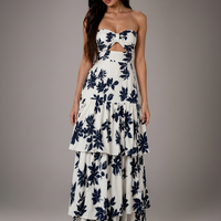 Strapless Printed Ruffle Maxi Dress