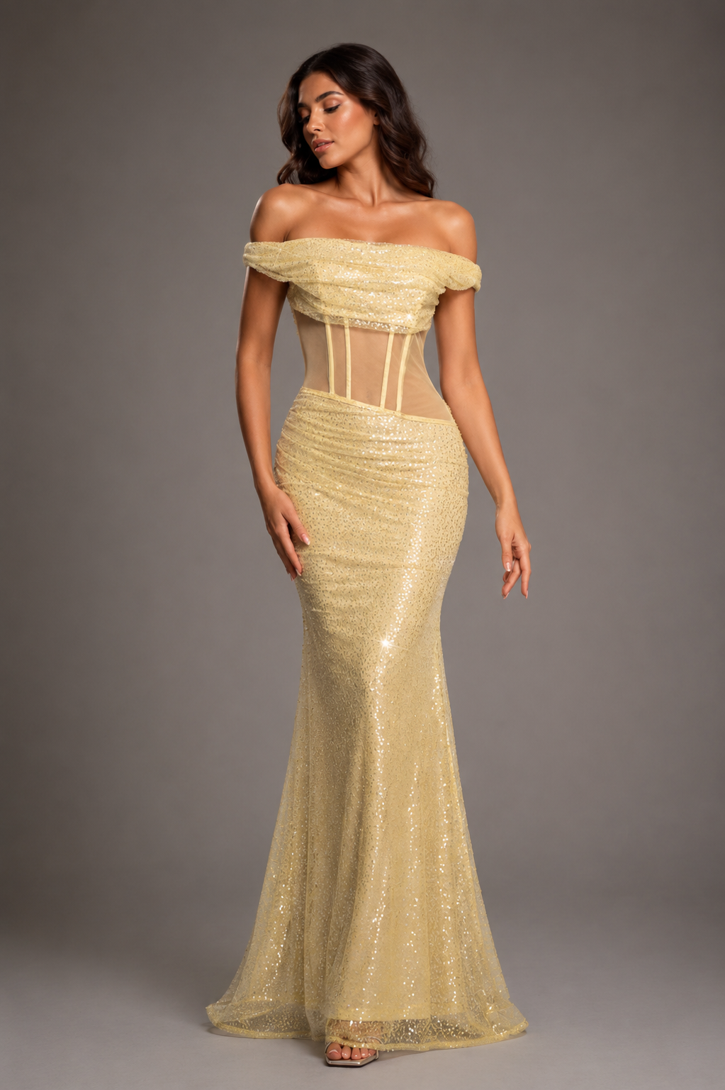 Sleeveless Off-the-shoulder Sequined Mermaid Evening Gown