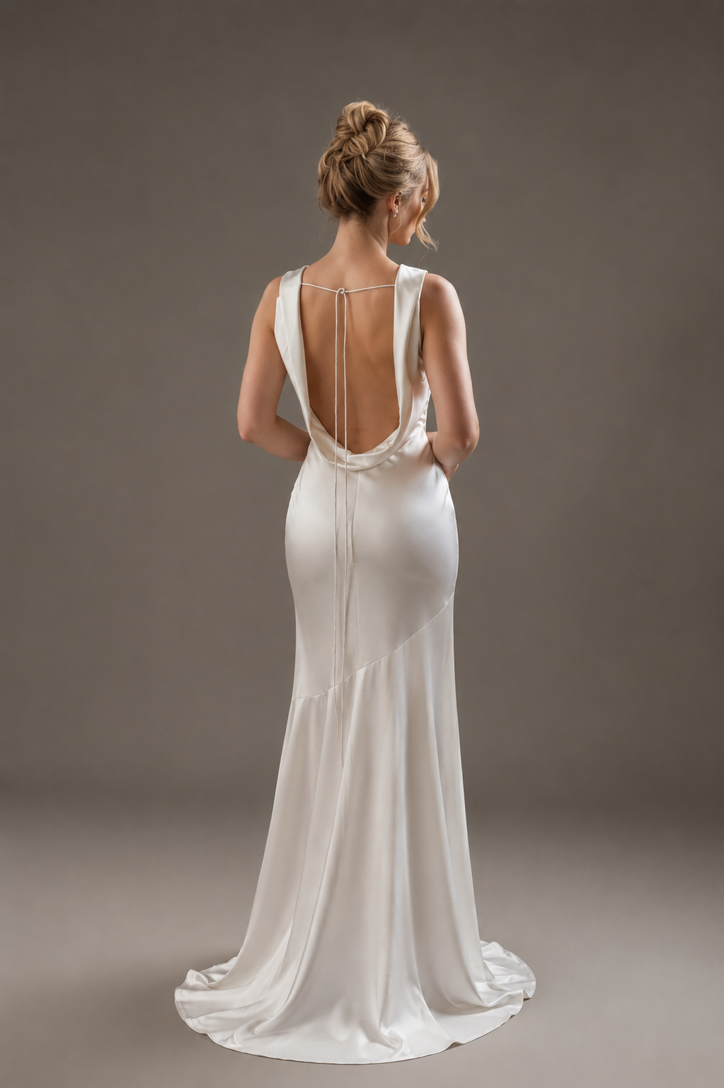 White Satin Draped Collar Backless Dress
