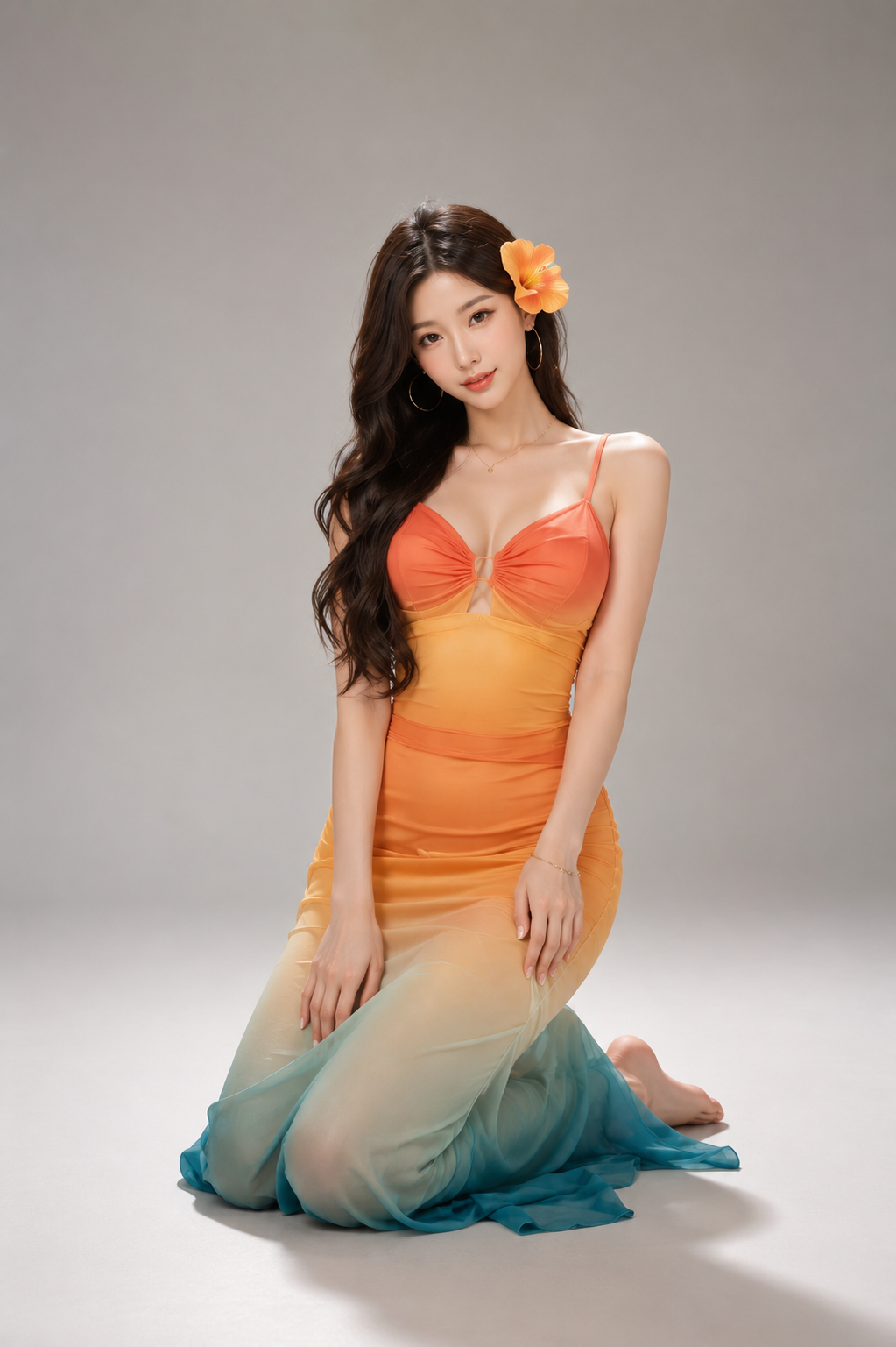 Ombre Sunset Tie-Dye Mesh Slip Maxi Dress